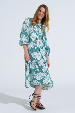 Vestido Maxi Boho com mangas em balão e estampado de folhas em verde