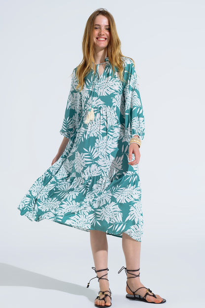 Vestido Maxi Boho com mangas em balão e estampado de folhas em verde