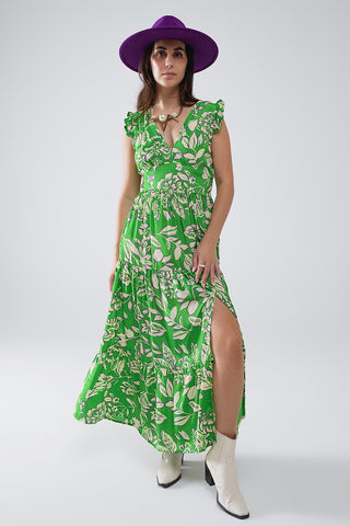 Vestido Maxi Cinched Cintura com estampado floral em verde