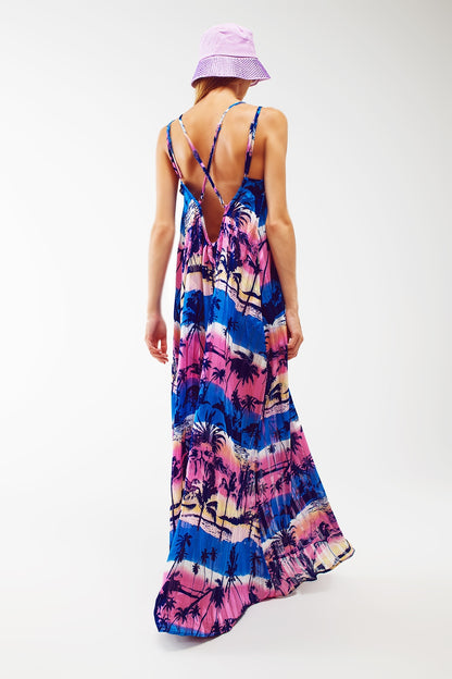 Vestido maxi com as costas abertas e relaxado com estampa tropical azul