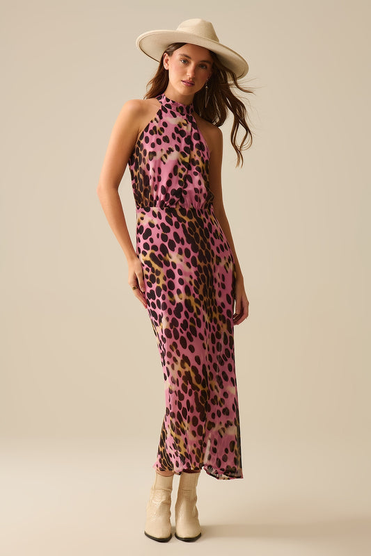 Q2 Vestido midi com decote haltere cruzado em rosa e preto com estampado animal