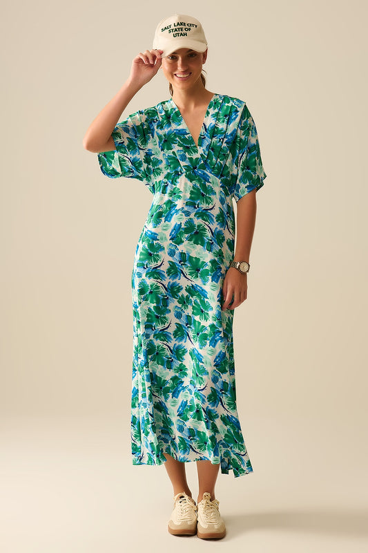 Q2 Vestido maxi com estampa floral em tecido de cetim com mangas caídas