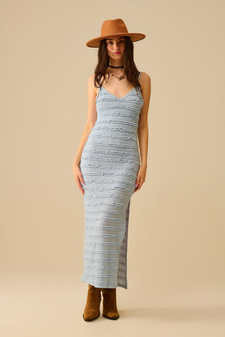 Vestido Maxi com folhos e fenda em azul
