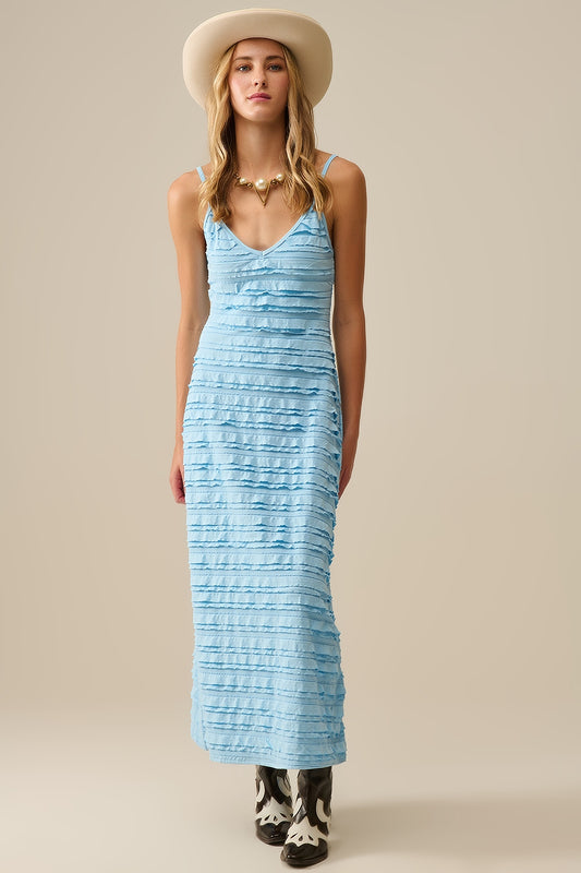 Q2 Vestido maxi com folhos em azul com alças