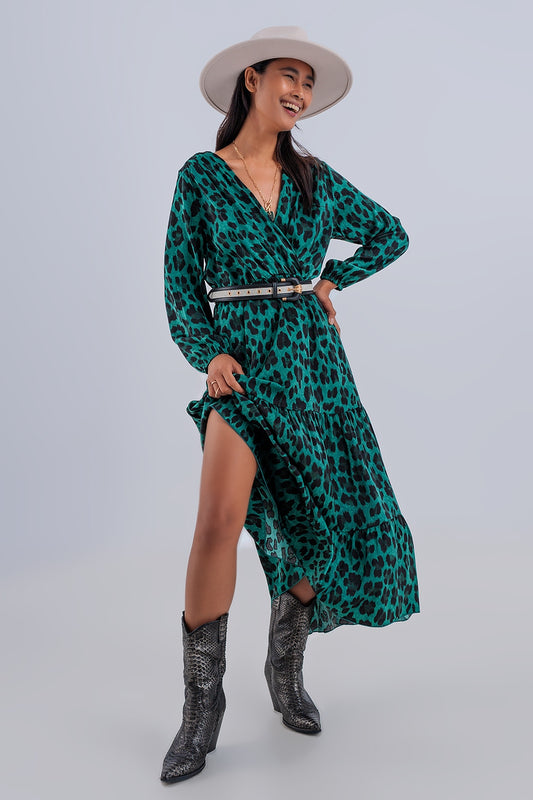 Q2 Vestido maxi de corte em camadas verde de mangas compridas