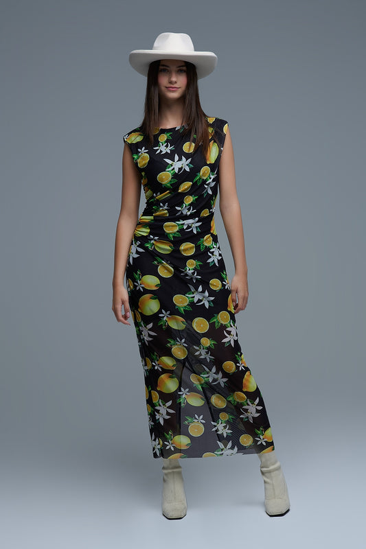 Q2 Vestido maxi de tule preto com franzido lateral com estampado amarelo-limão