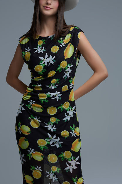 Vestido maxi de tule preto com franzido lateral com estampado amarelo-limão