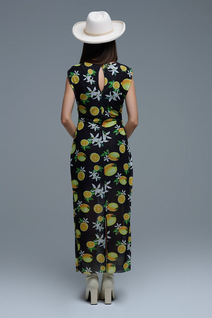 Vestido maxi de tule preto com franzido lateral com estampado amarelo-limão