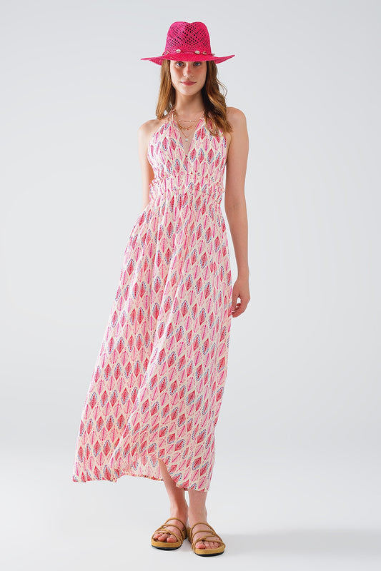 Q2 Vestido maxi de verão com estampado de penas e costas abertas em cor-de-rosa