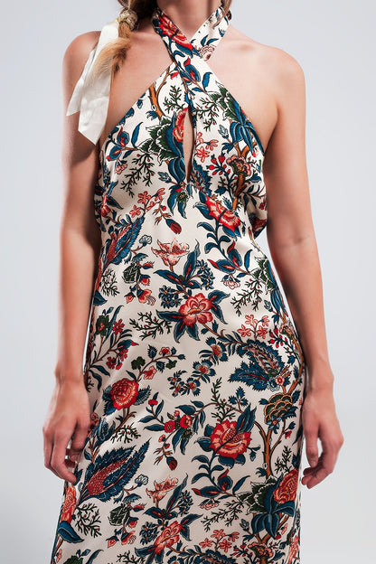 Vestido maxi decote halter em estampa paisley beige
