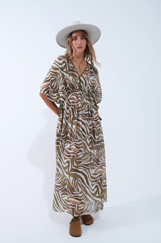 Q2 Vestido Maxi em chiffon caqui com estampado de zebra e cintura com cordão