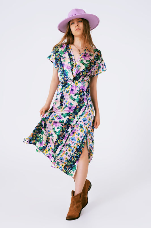 Q2 Vestido Maxi estampado de flor na cor roxo e verde multicolorido