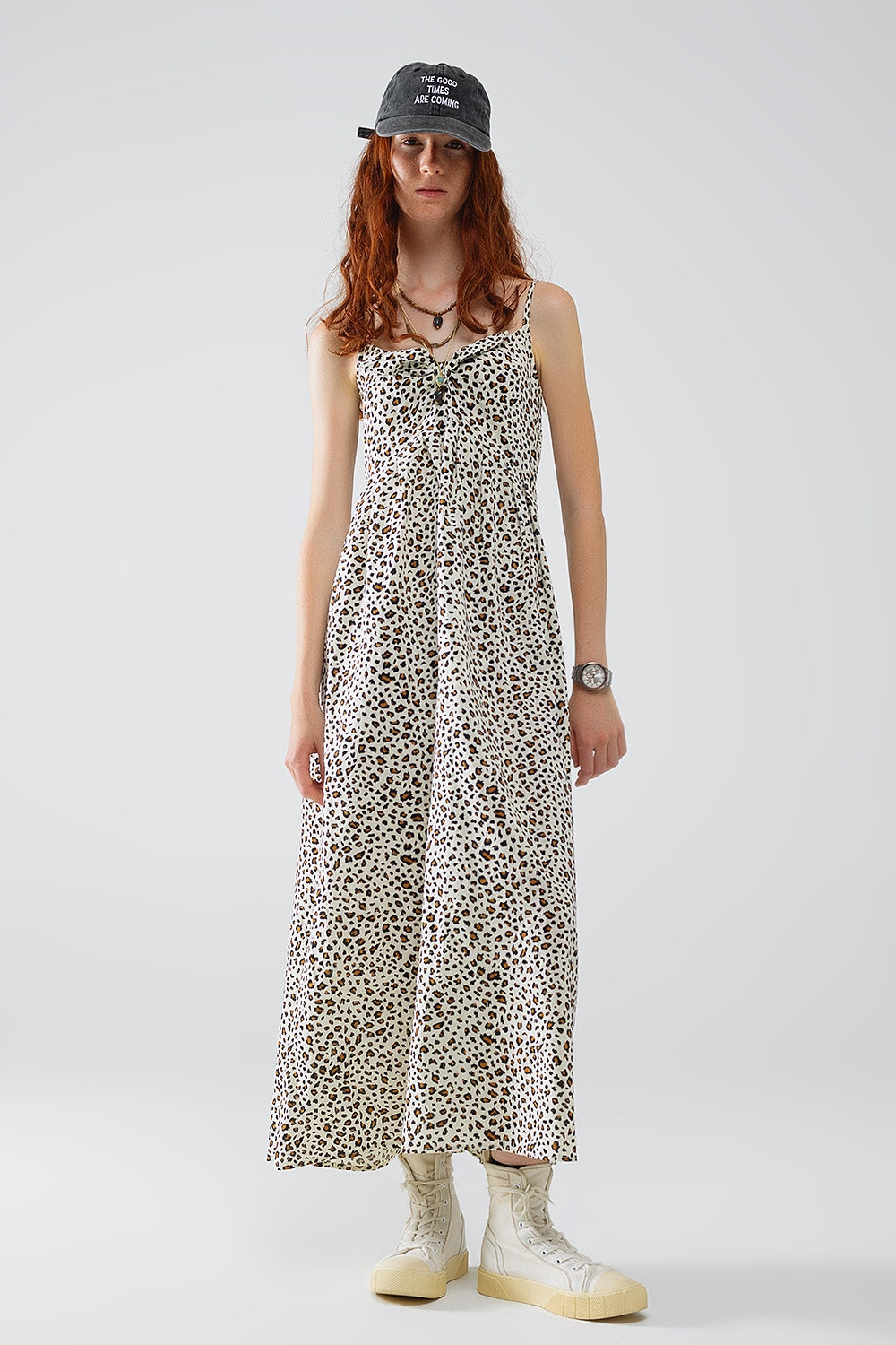 Q2 Vestido maxi estampado leopardo com pormenor de nó