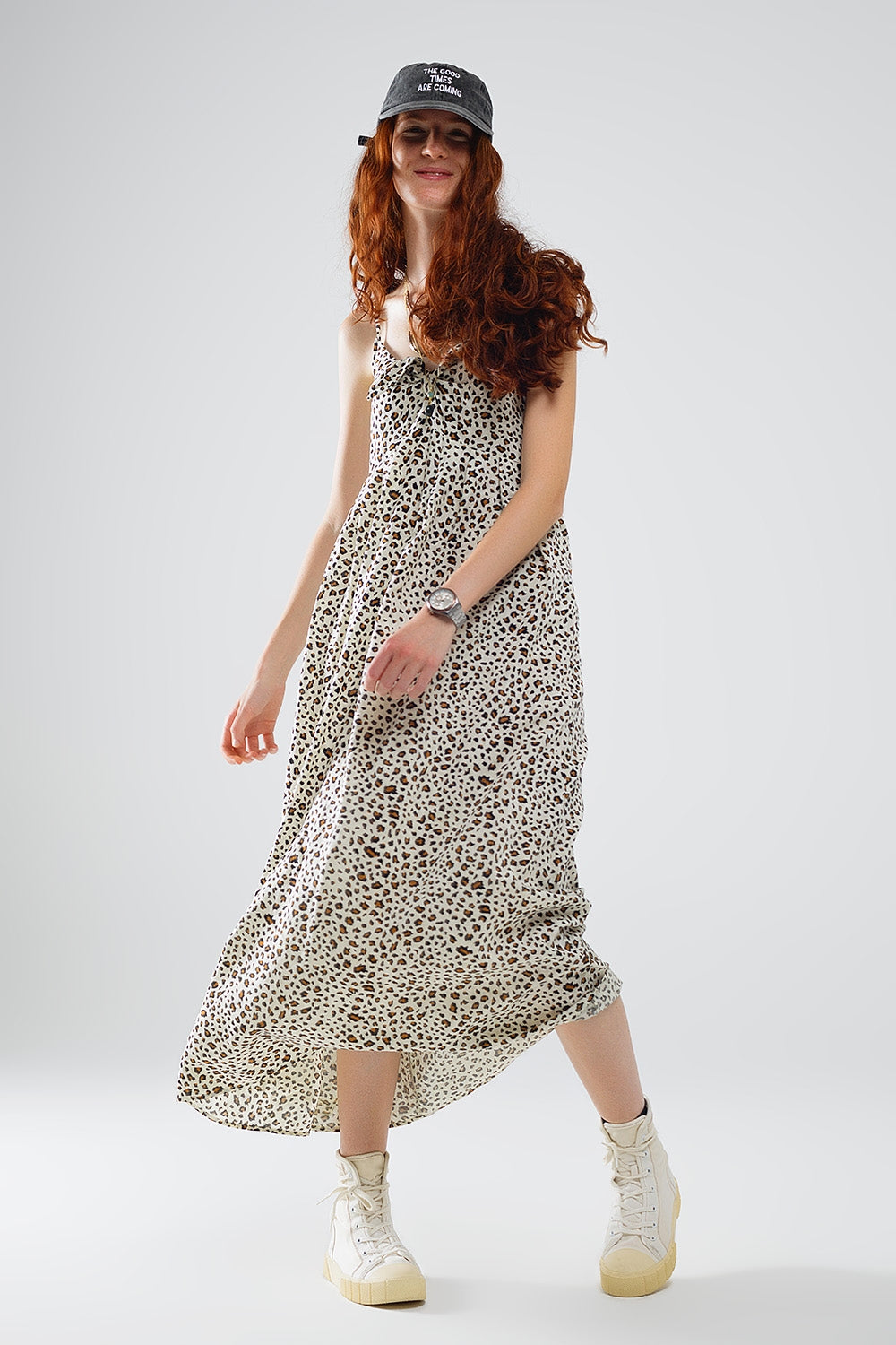 Vestido maxi estampado leopardo com pormenor de nó