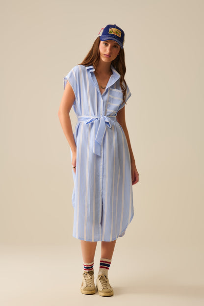 Vestido maxi sem mangas às riscas azuis e brancas