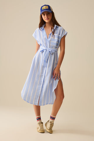 Vestido maxi sem mangas às riscas azuis e brancas