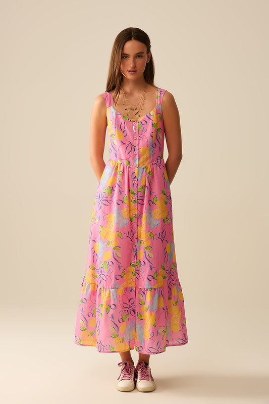 Q2 Vestido maxi sem mangas rosa com estampa de limão