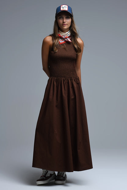 Q2 Vestido Maxi Smocked Poplin castanho