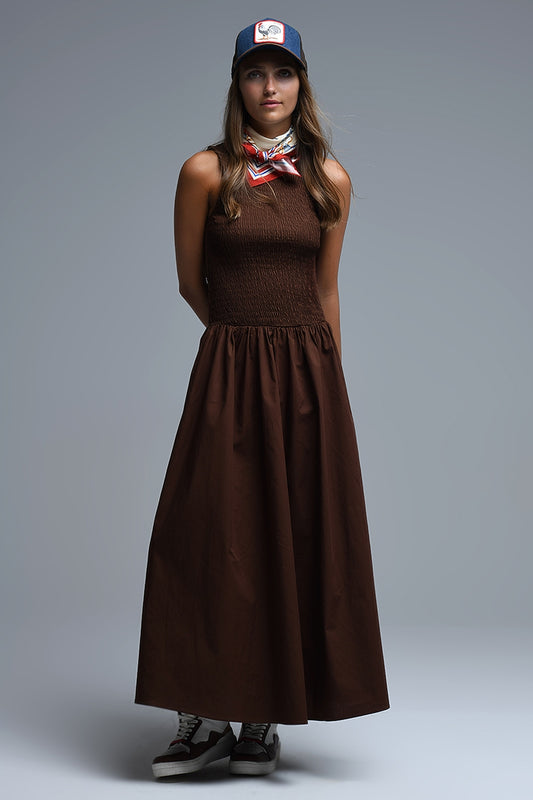 Q2 Vestido Maxi Smocked Poplin castanho