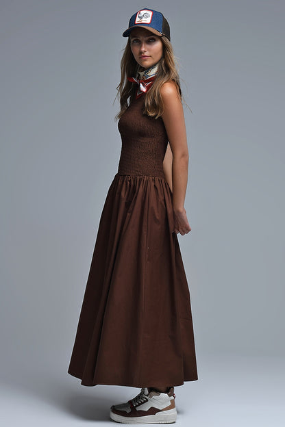 Vestido Maxi Smocked Popeline castanho