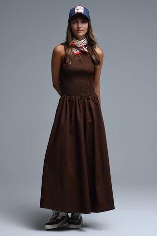 Vestido Maxi Smocked Popeline castanho