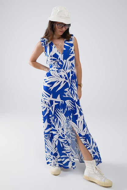 Vestido Maxi Tropical Print com decote em V e fenda em azul