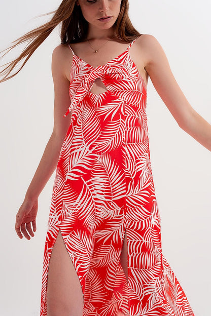 Vestido Maxi vermelho com estampado de folhas