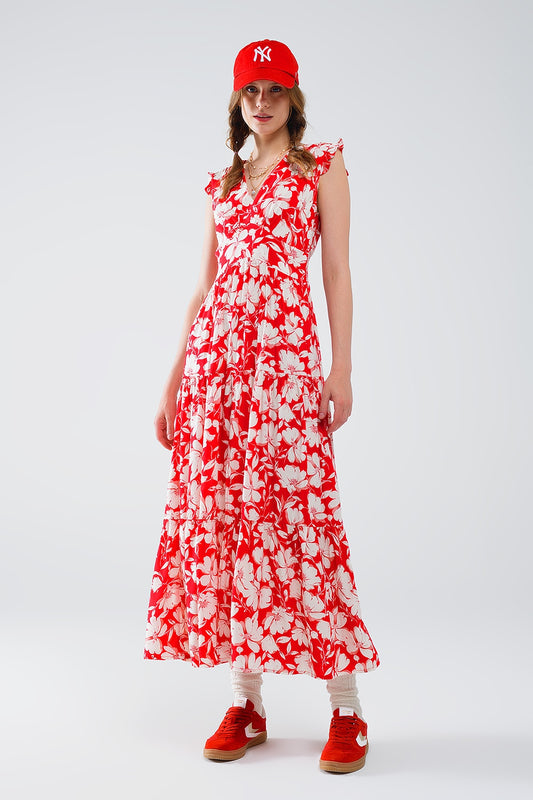 Q2 Vestido maxi vermelho com estampado floral e decote em V