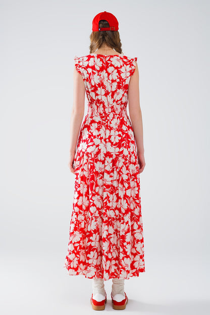 Vestido maxi vermelho com estampado floral e decote em V