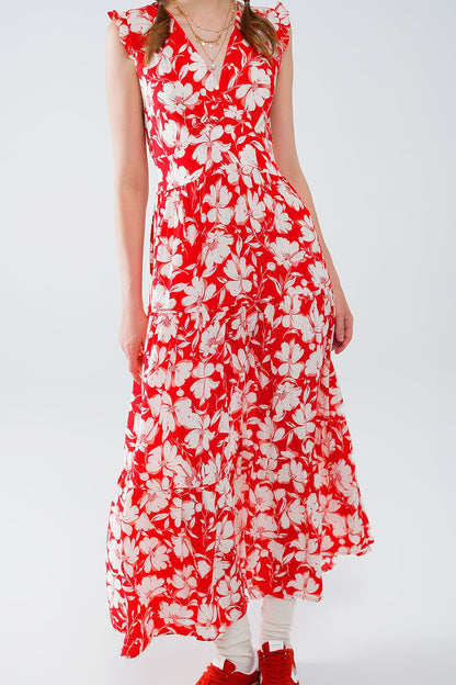 Vestido maxi vermelho com estampado floral e decote em V