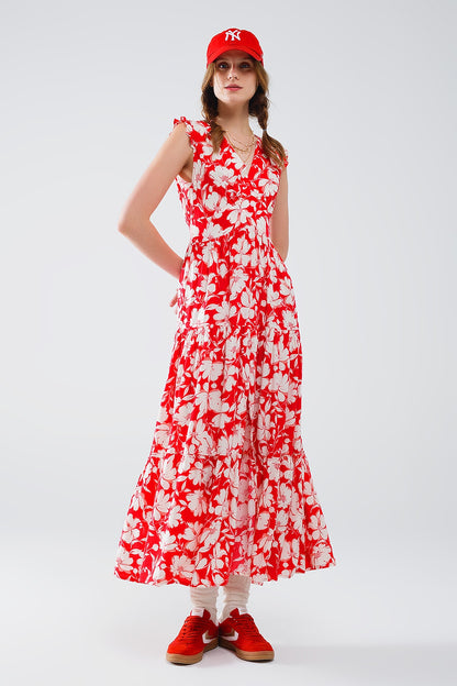 Vestido maxi vermelho com estampado floral e decote em V