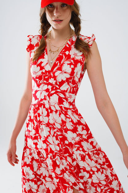 Vestido maxi vermelho com estampado floral e decote em V