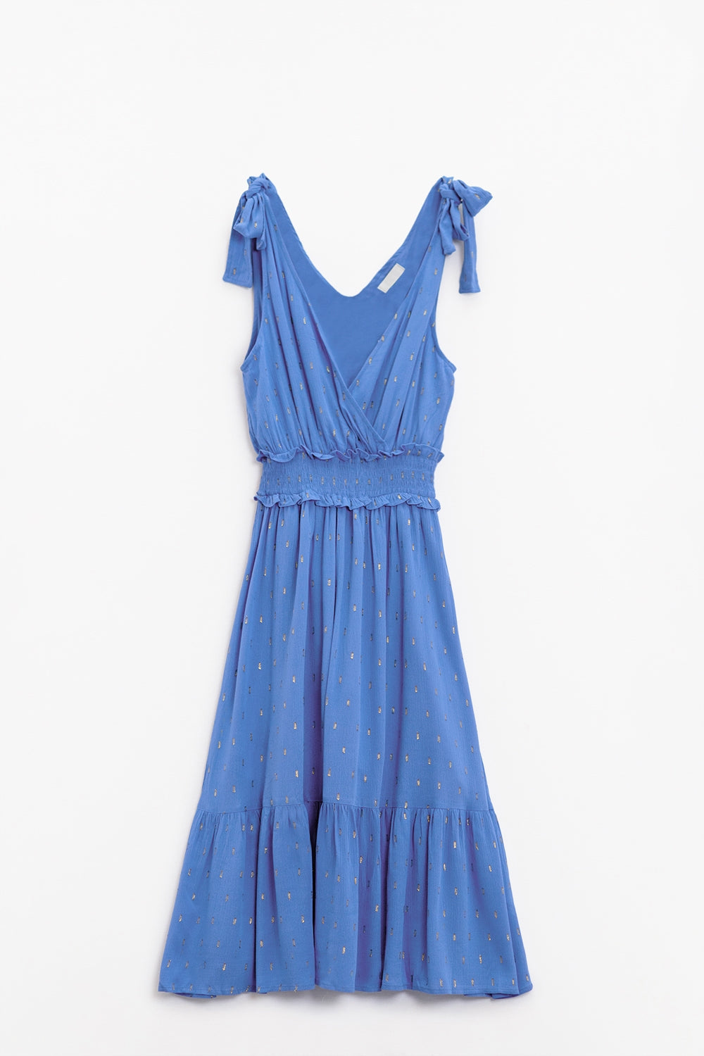 Vestido midi azul com cintura marcada e bolinhas douradas