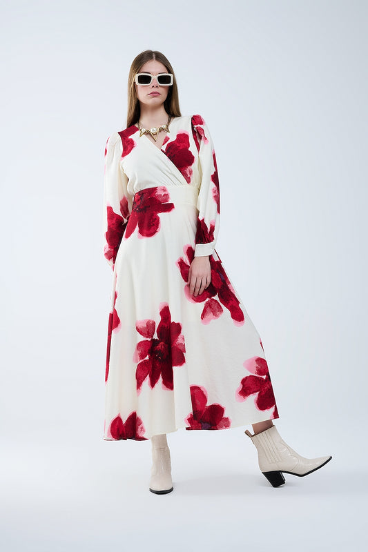 Q2 Vestido midi bege transpassado com estampa floral tropical vermelha e mangas compridas