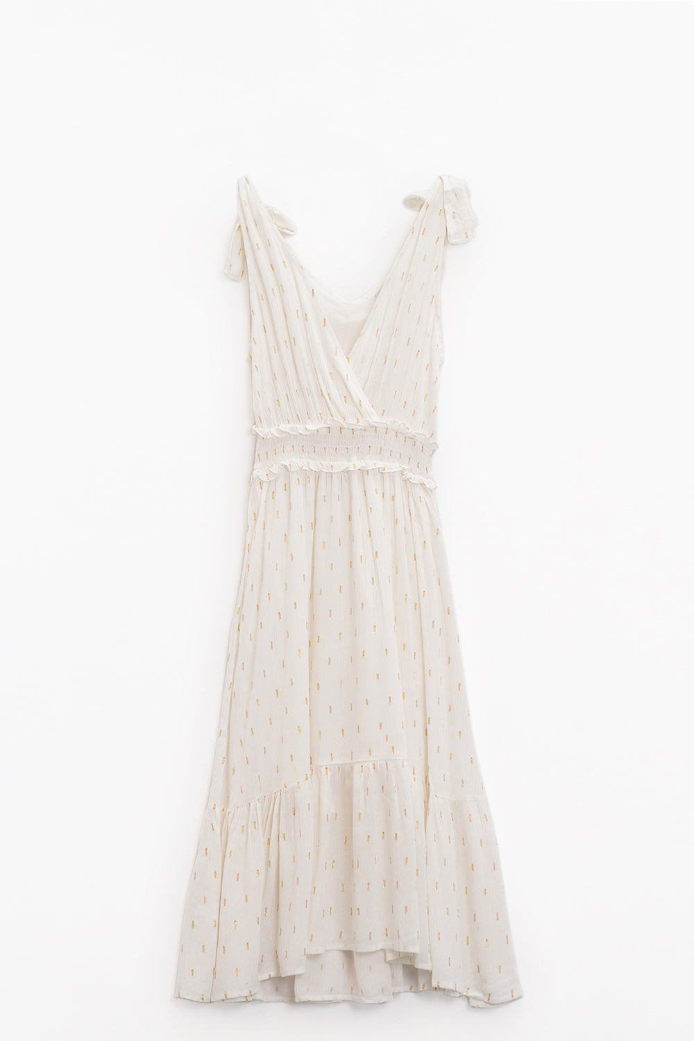 Vestido midi branco com cintura marcada e bolinhas douradas