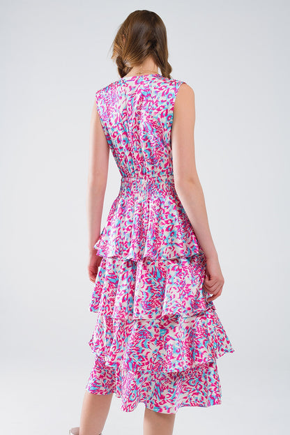 Vestido midi branco com rufos e estampado animal multicolorido