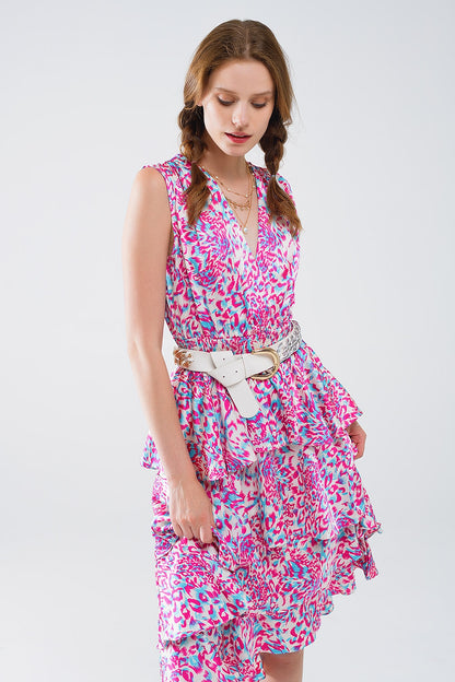Vestido midi branco com rufos e estampado animal multicolorido