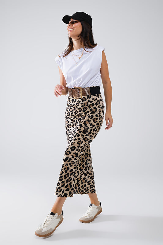 Q2 Vestido midi com acabamento em cetim e contraste com estampado de leopardo