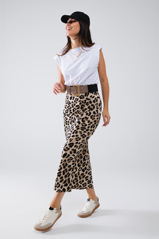 Vestido midi com acabamento em cetim e contraste com estampado de leopardo