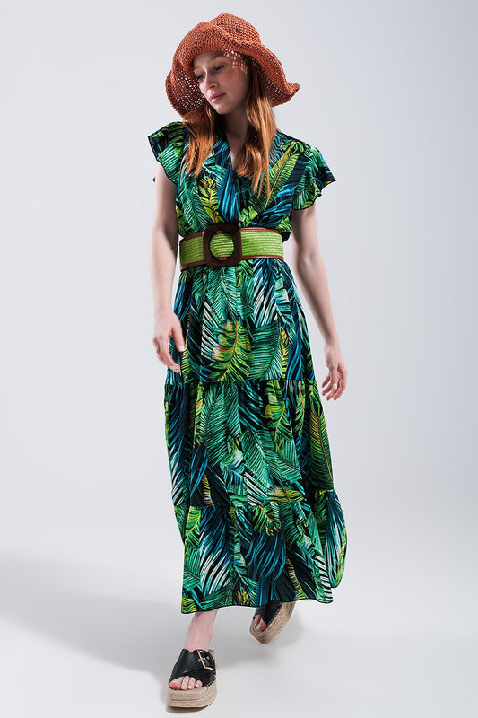 Q2 Vestido Midi com mangas curtas e saia em níveis com estampado tropical
