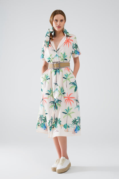 Q2 Vestido midi creme com estampado de praia e
