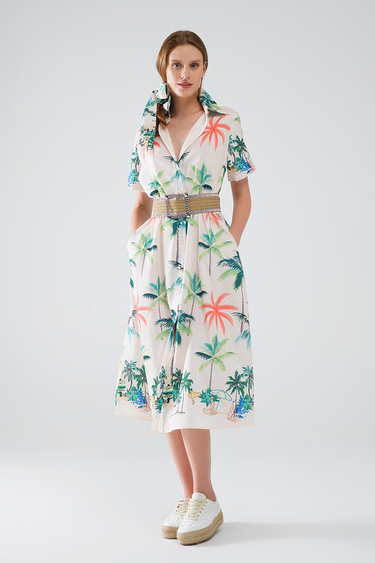 Q2 Vestido midi creme com estampado de praia e
