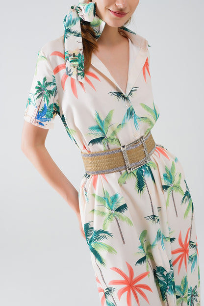 Vestido midi creme com estampado de praia e gola polo