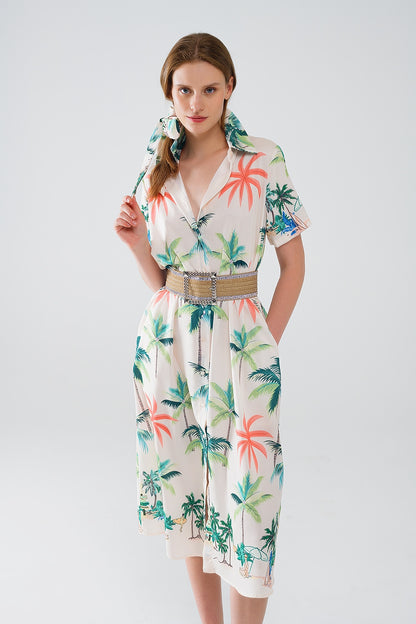 Vestido midi creme com estampado de praia e gola polo