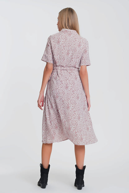vestido midi cruzado com estampa floral rosa