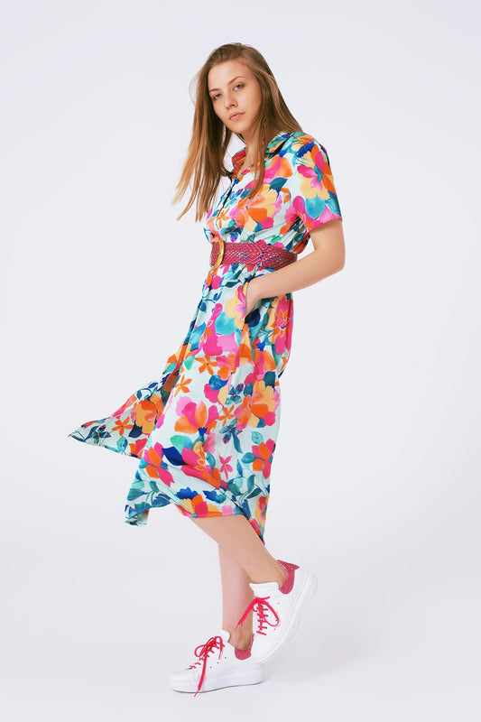 Q2 vestido midi de cetim macio com estampa de flores