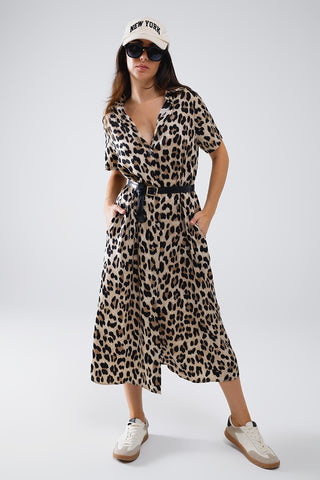 Vestido midi de manga curta com camisa e cinto em estampado leopardo