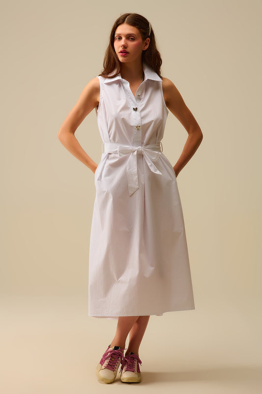 Q2 Vestido midi de popelina branca com botões prateados em forma de coração
