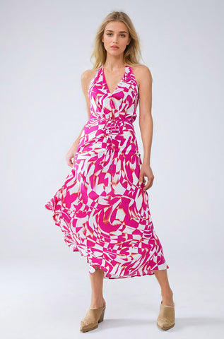Vestido Midi Halter com cintura subida em estampado abstrato fúcsia e branco