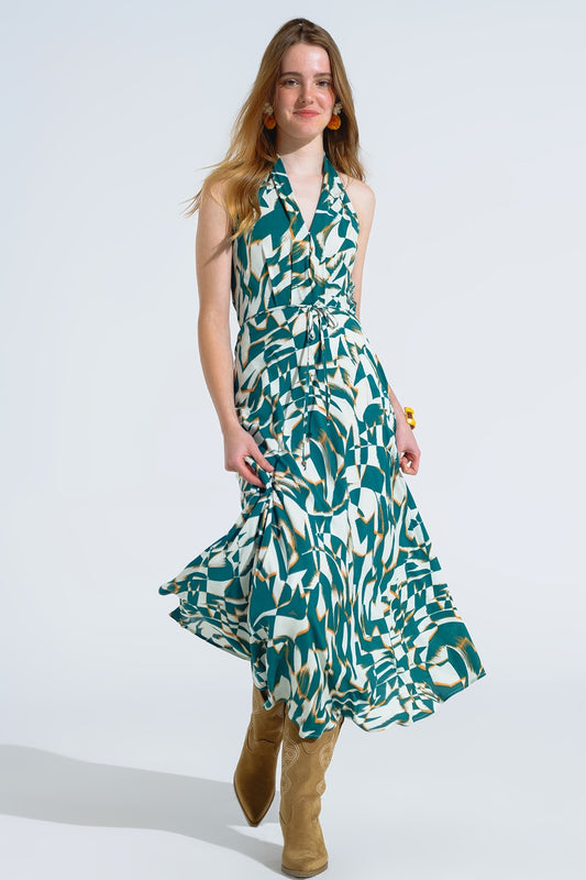 Q2 Vestido Midi Halter com cintura subida em estampado verde e branco abstrato